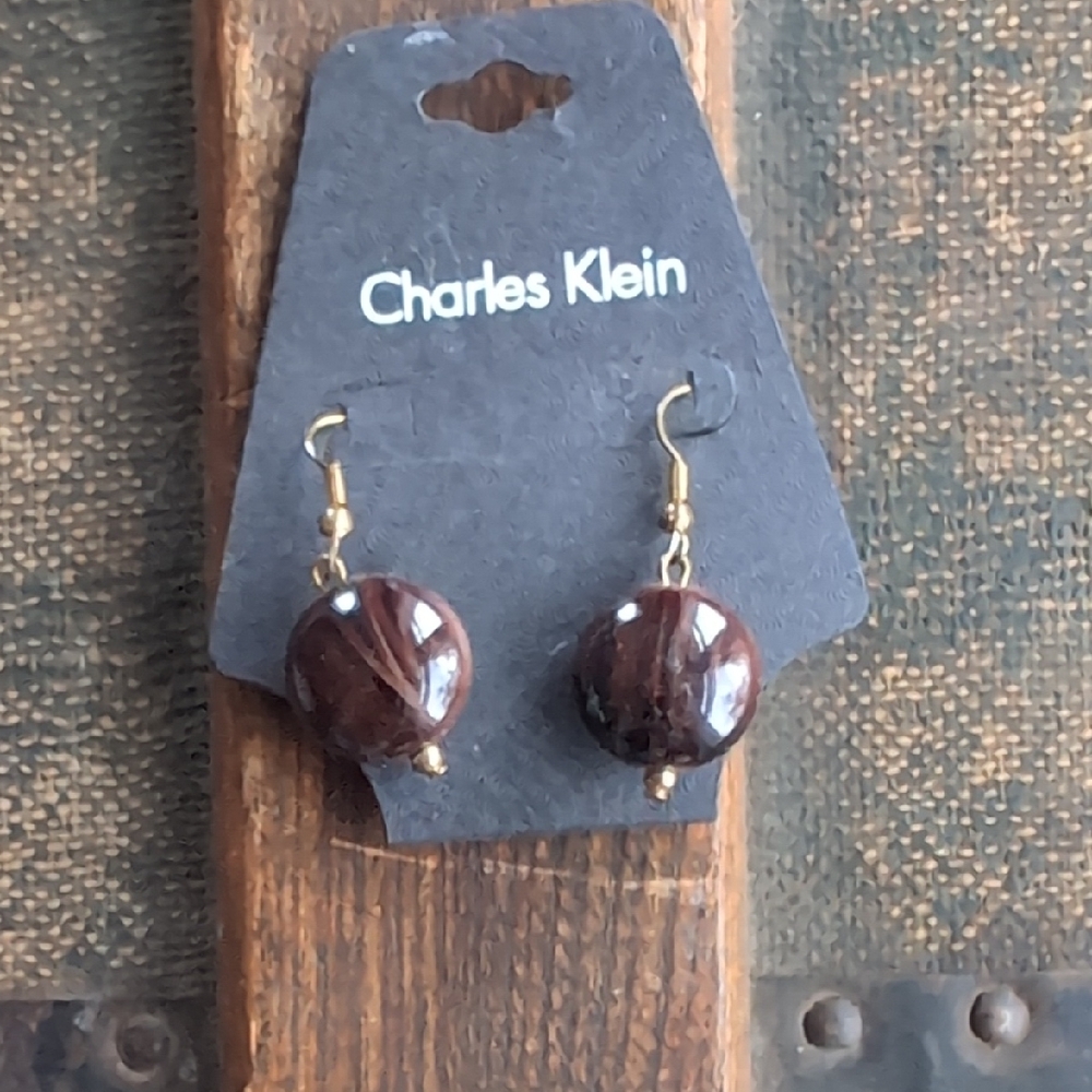Charles Klein Gold-tone and Brown Dangle Earrings